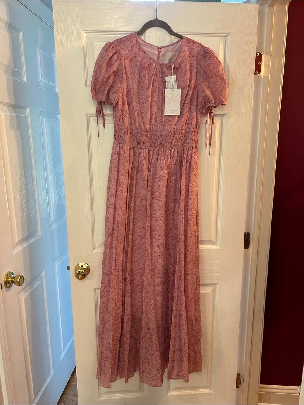 NWT Gal Meets Glam “Giselle” Puff-Sleeve Maxi Dress in Pink/Blush (read details)
